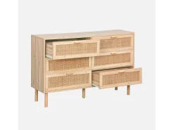 Cómoda de 6 cajones con caña y efecto madera