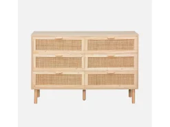 Cómoda de 6 cajones con caña y efecto madera