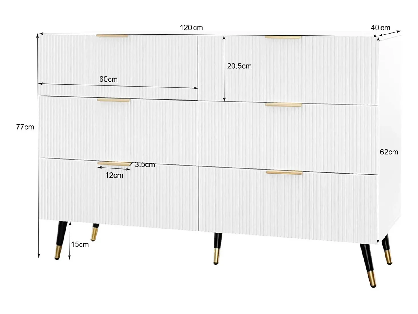 Cómoda de 6 cajones, mueble de almacenaje blanco con patas y tiradores dorados