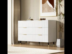Cómoda de 6 cajones, mueble de almacenaje blanco con patas y tiradores dorados