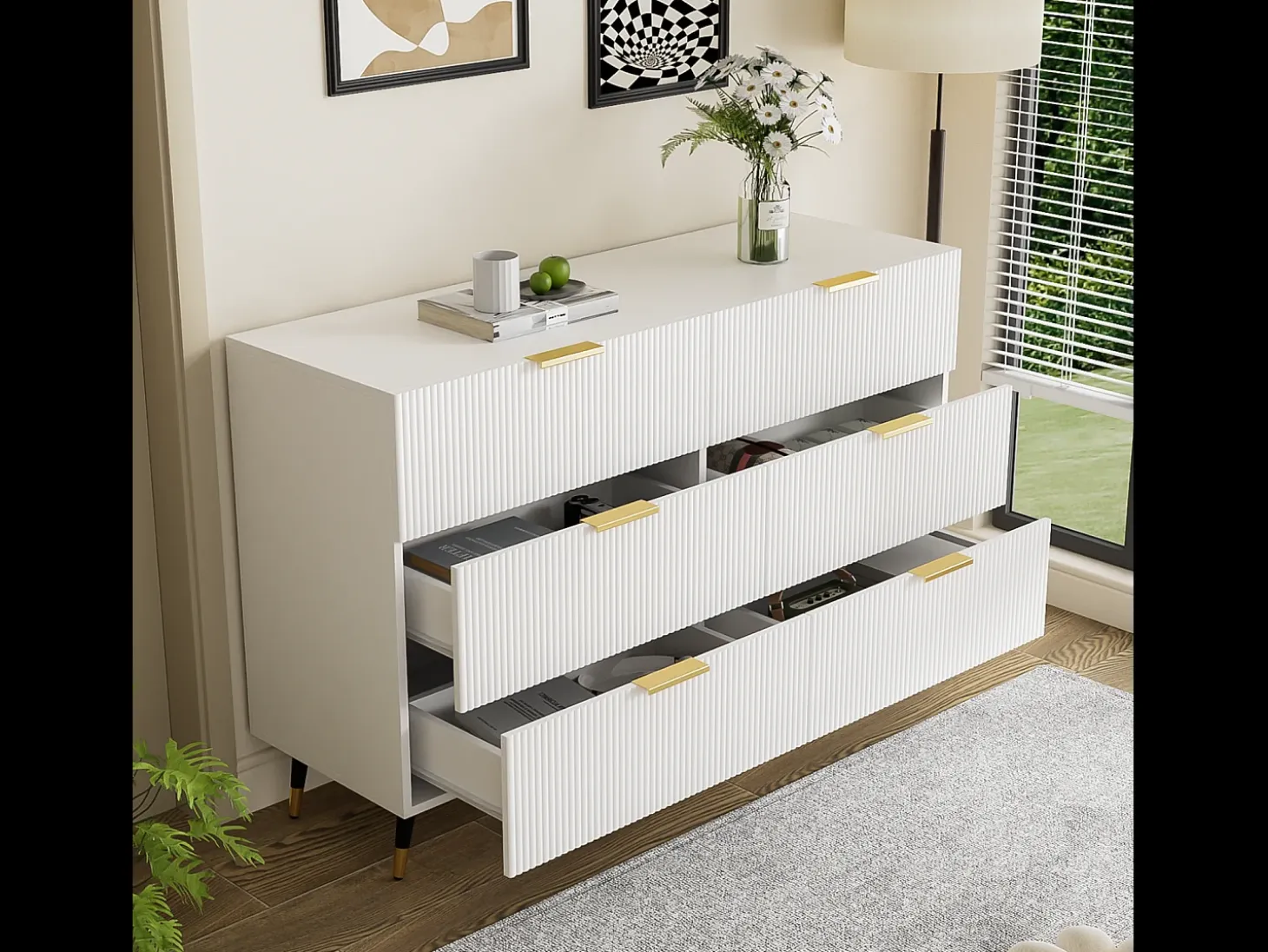 Cómoda de 6 cajones, mueble de almacenaje blanco con patas y tiradores dorados