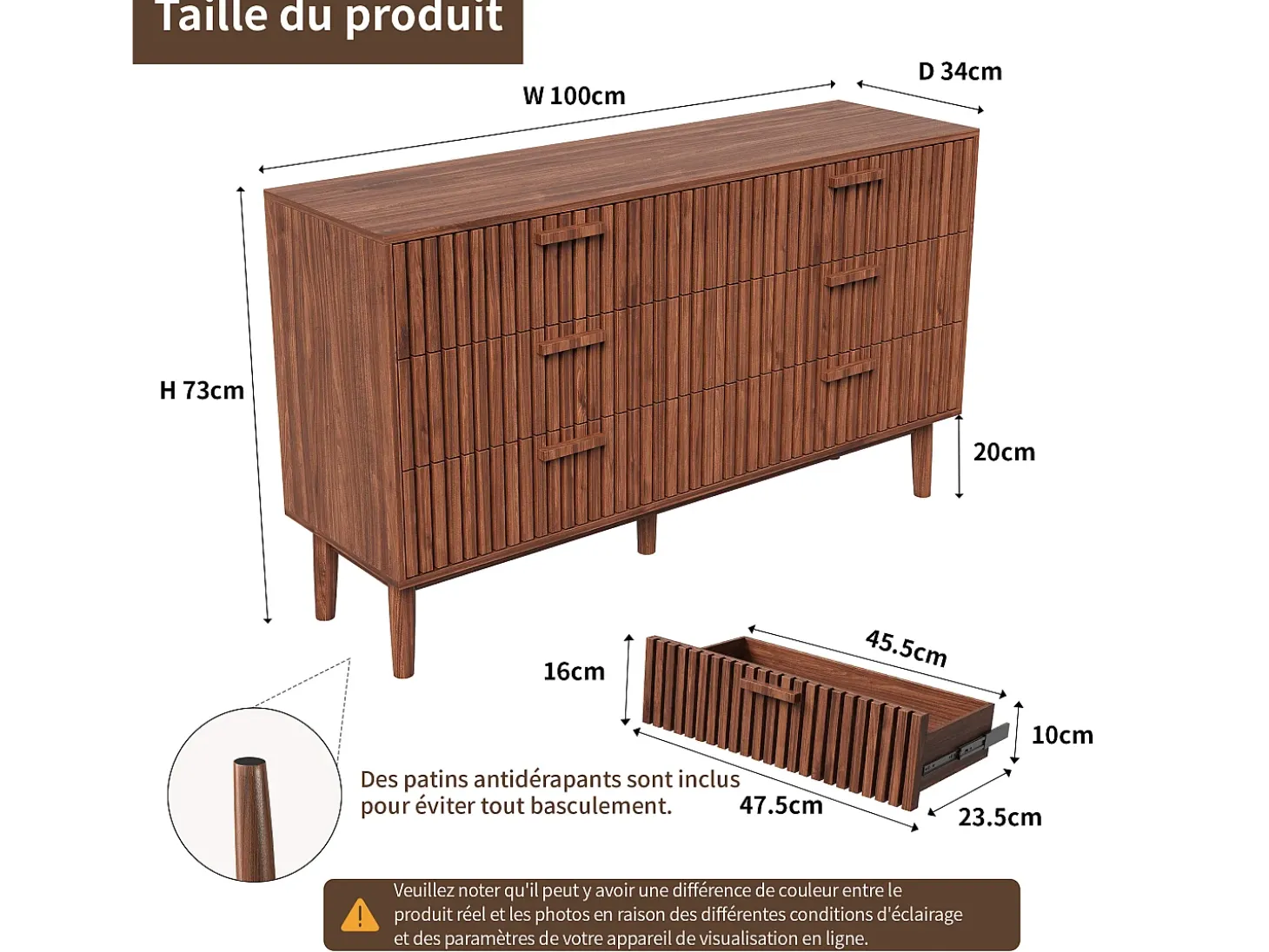 Cómoda de madera, mueble de almacenaje para dormitorio o salón, 100 x 34 x 73 cm
