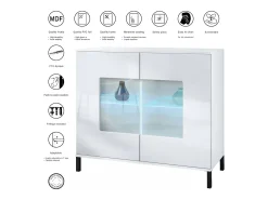 Cómoda Grömitz V3, Moderno armario de cocina con 2 grandes puertas de cristal incl. iluminación RGB blanco mate / burdeos de alto brillo (92,5 x 83.5 x 35)