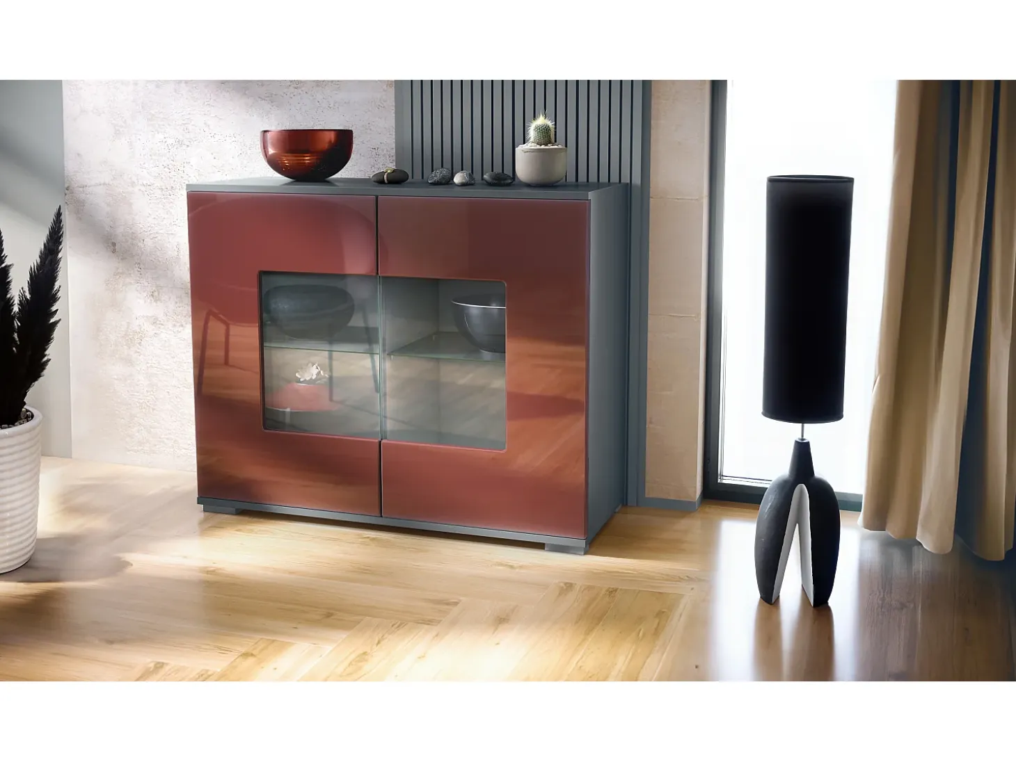 Cómoda Grömitz V3, Moderno armario de cocina con 2 grandes puertas de cristal antracita mate / burdeos de alto brillo (92,5 x 75.5 x 35)
