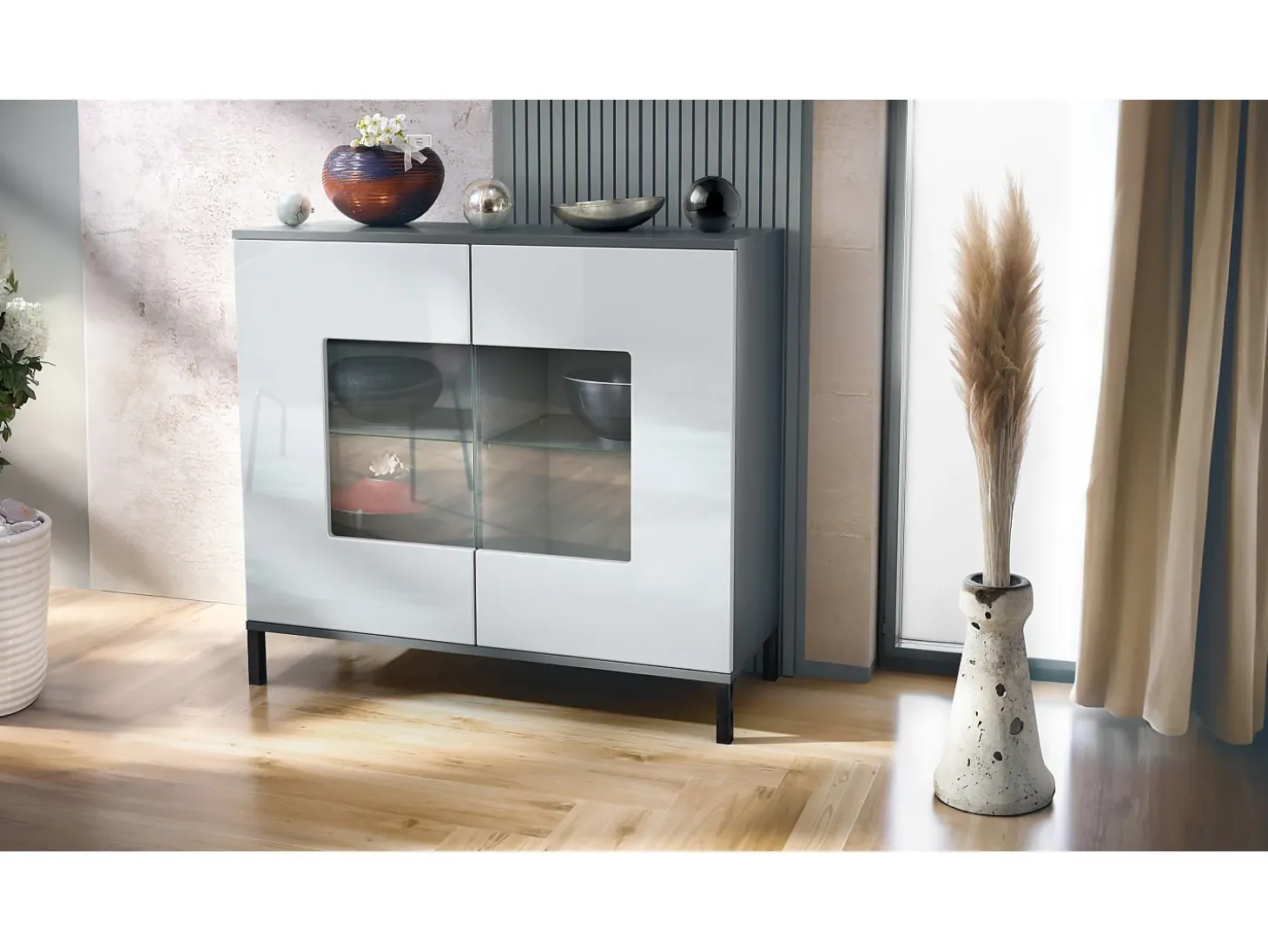 Cómoda Grömitz V3, Moderno armario de cocina con 2 grandes puertas de cristal antracita mate / blanco de alto brillo (92,5 x 83.5 x 35)
