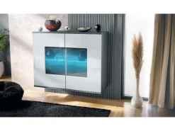 Cómoda Grömitz V3, Moderno armario de cocina con 2 grandes puertas de cristal incl. iluminación RGB antracita mate / blanco de alto brillo (92,5 x 73.5 x 35)