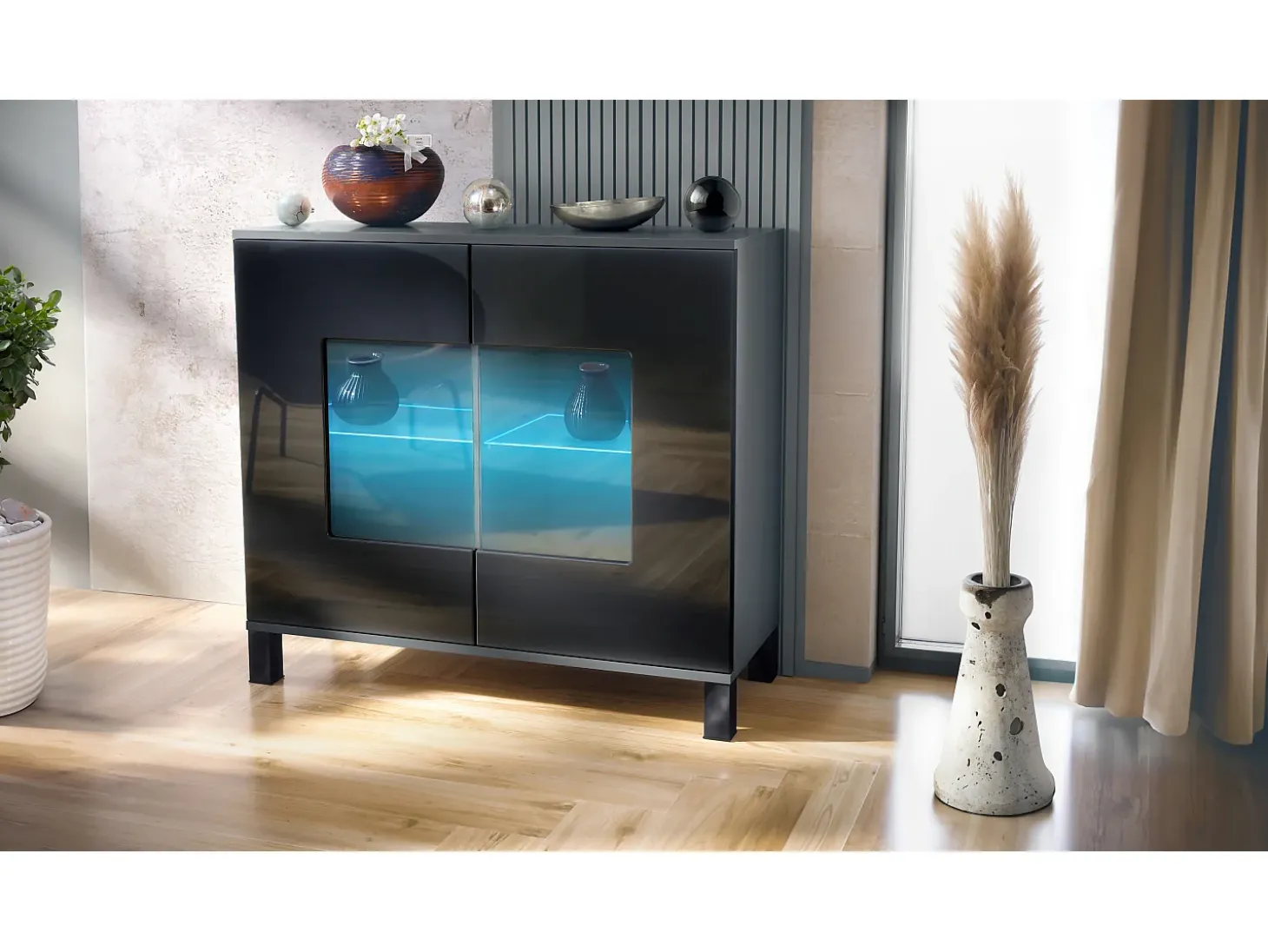 Cómoda Grömitz V3, Moderno armario de cocina con 2 grandes puertas de cristal incl. iluminación RGB antracita mate / negro de alto brillo (92,5 x 84.5 x 35)