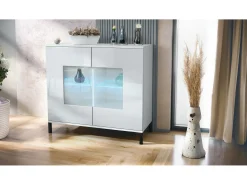 Cómoda Grömitz V3, Moderno armario de cocina con 2 grandes puertas de cristal incl. iluminación RGB blanco mate / blanco de alto brillo (92,5 x 83.5 x 35)