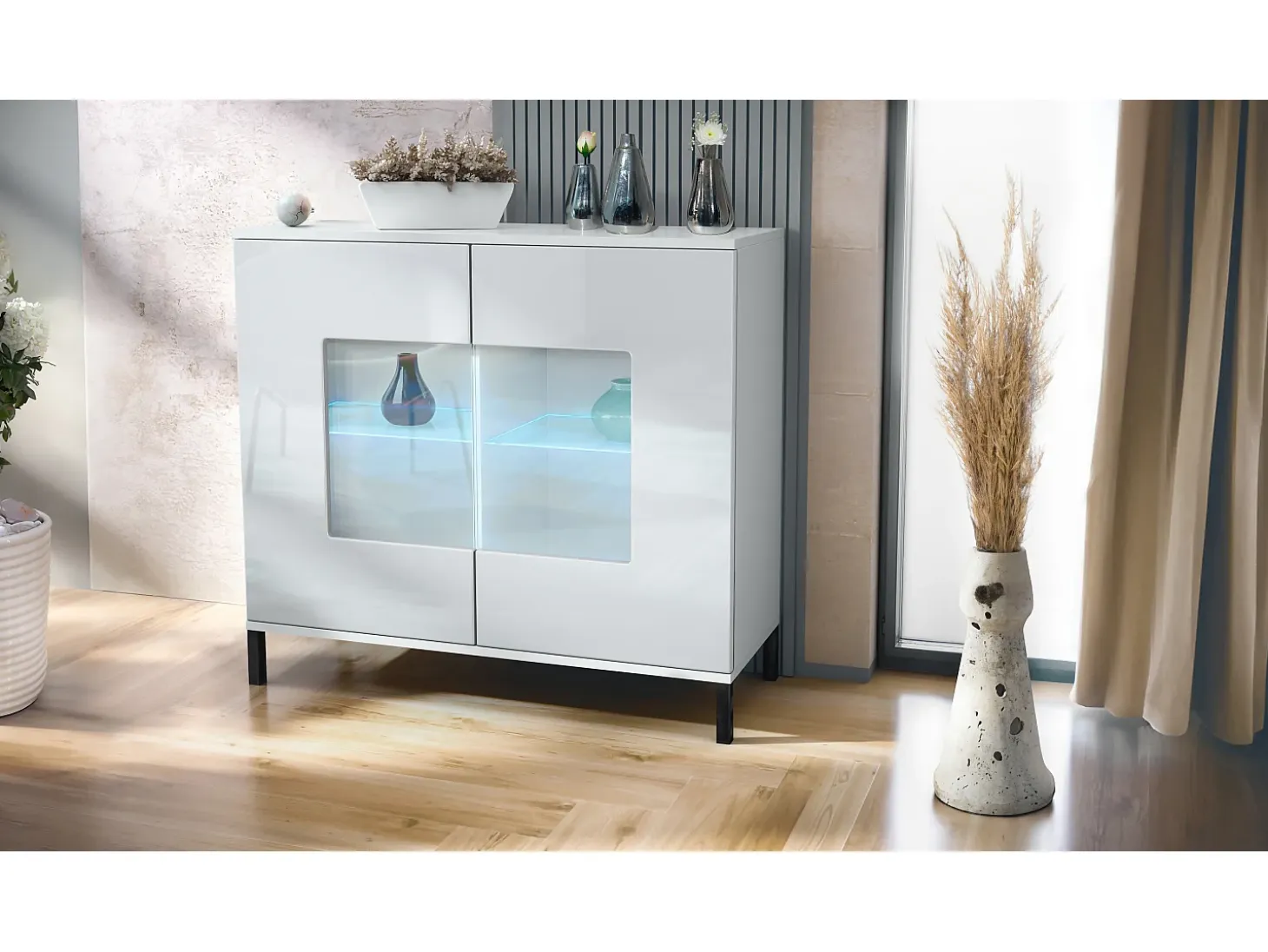Cómoda Grömitz V3, Moderno armario de cocina con 2 grandes puertas de cristal incl. iluminación RGB blanco mate / blanco de alto brillo (92,5 x 83.5 x 35)