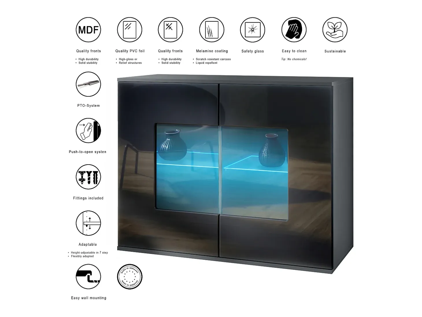 Cómoda Grömitz V3, Moderno armario de cocina con 2 grandes puertas de cristal incl. iluminación RGB antracita mate / crema de alto brillo (92,5 x 73.5 x 35)