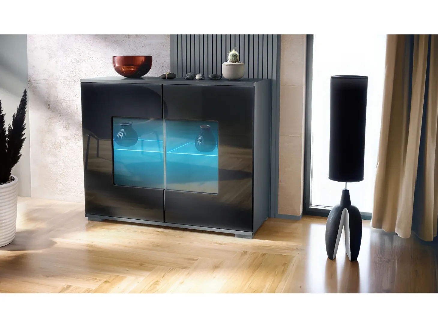 Cómoda Grömitz V3, Moderno armario de cocina con 2 grandes puertas de cristal incl. iluminación RGB antracita mate / negro de alto brillo (92,5 x 75.5 x 35)