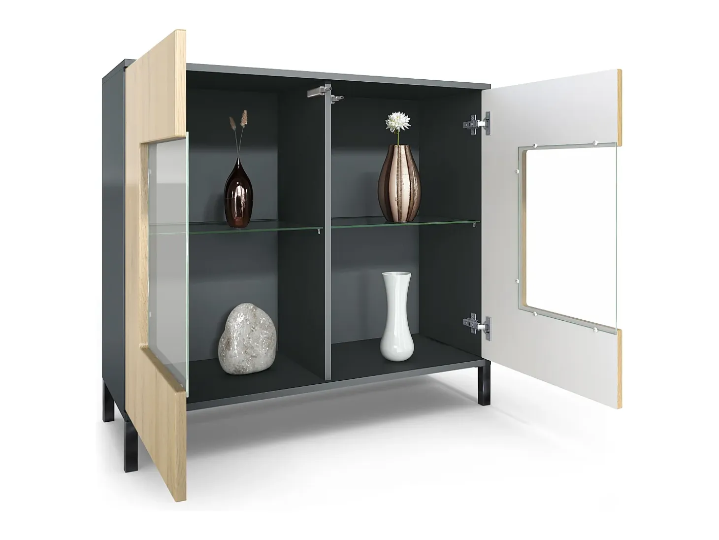 Cómoda Grömitz V3, Moderno armario de cocina con 2 grandes puertas de cristal antracita mate / roble natural (92,5 x 83.5 x 35)