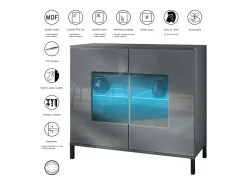 Cómoda Grömitz V3, Moderno armario de cocina con 2 grandes puertas de cristal incl. iluminación RGB antracita mate / crema de alto brillo (92,5 x 83.5 x 35)