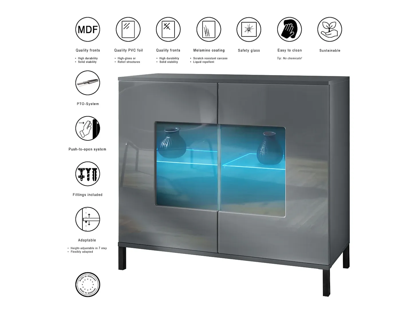 Cómoda Grömitz V3, Moderno armario de cocina con 2 grandes puertas de cristal incl. iluminación RGB antracita mate / crema de alto brillo (92,5 x 83.5 x 35)