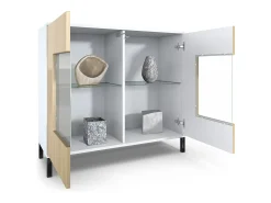 Cómoda Grömitz V3, Moderno armario de cocina con 2 grandes puertas de cristal incl. iluminación RGB blanco mate / crema de alto brillo (92,5 x 83.5 x 35)