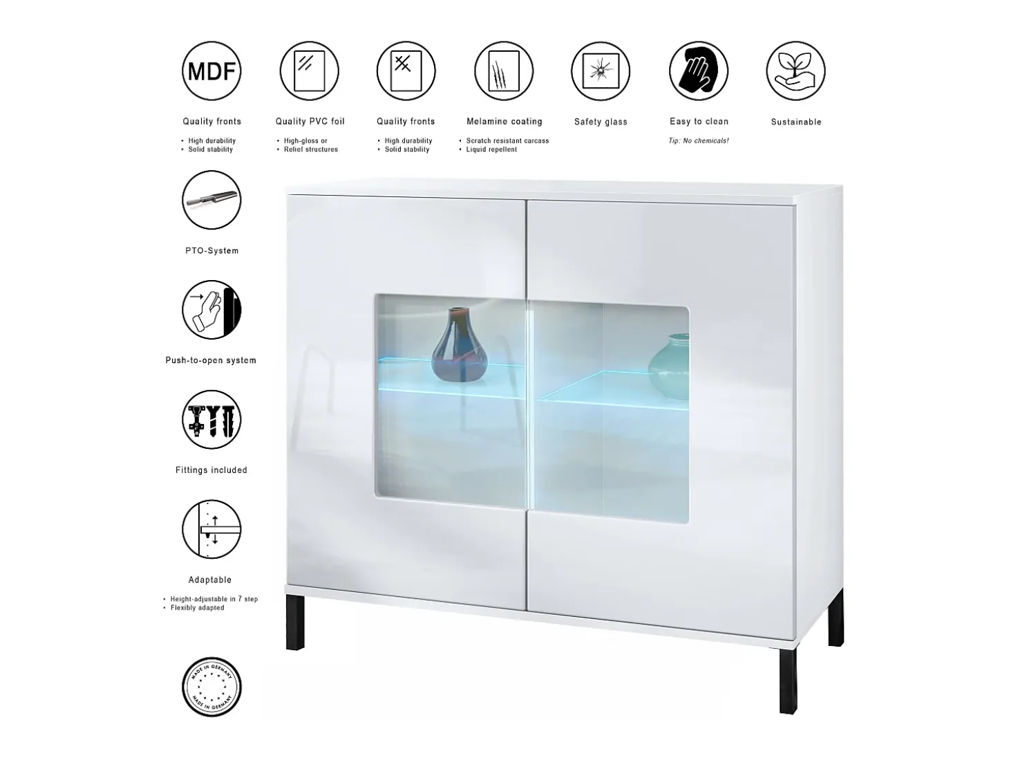 Cómoda Grömitz V3, Moderno armario de cocina con 2 grandes puertas de cristal incl. iluminación RGB blanco mate / crema de alto brillo (92,5 x 83.5 x 35)