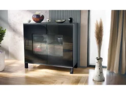 Cómoda Grömitz V3, Moderno armario de cocina con 2 grandes puertas de cristal antracita mate / negro de alto brillo (92,5 x 84.5 x 35)