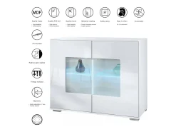 Cómoda Grömitz V3, Moderno armario de cocina con 2 grandes puertas de cristal incl. iluminación RGB blanco mate / negro de alto brillo (92,5 x 75.5 x 35)