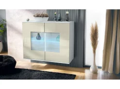 Cómoda Grömitz V3, Moderno armario de cocina con 2 grandes puertas de cristal incl. iluminación RGB blanco mate / crema de alto brillo (92,5 x 73.5 x 35)