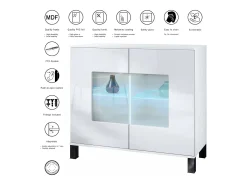 Cómoda Grömitz V3, Moderno armario de cocina con 2 grandes puertas de cristal incl. iluminación RGB blanco mate / crema de alto brillo (92,5 x 84.5 x 35)