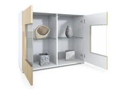Cómoda Grömitz V3, Moderno armario de cocina con 2 grandes puertas de cristal blanco mate / crema de alto brillo (92,5 x 75.5 x 35)