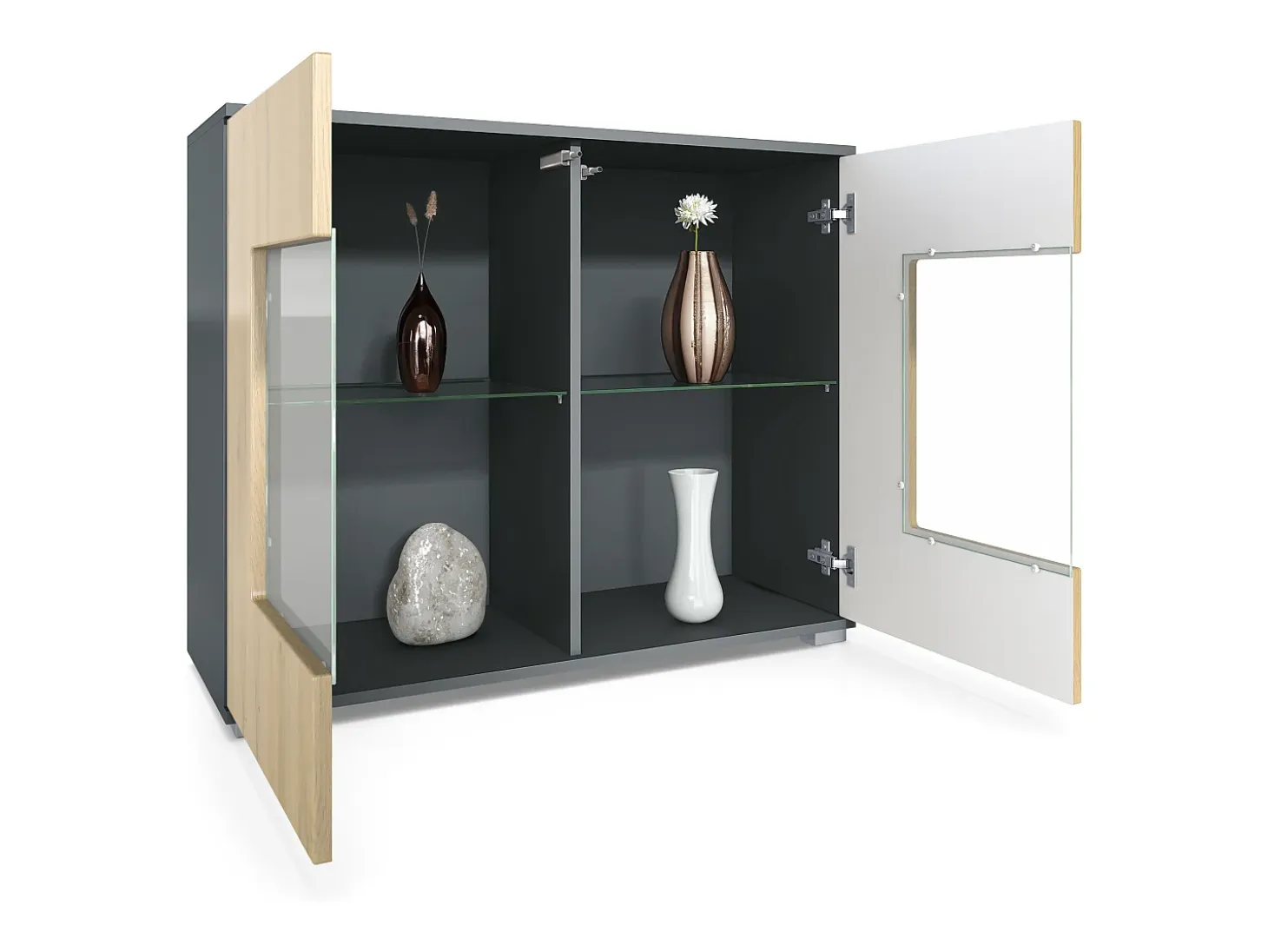 Cómoda Grömitz V3, Moderno armario de cocina con 2 grandes puertas de cristal antracita mate / gris arena de alto brillo (92,5 x 75.5 x 35)