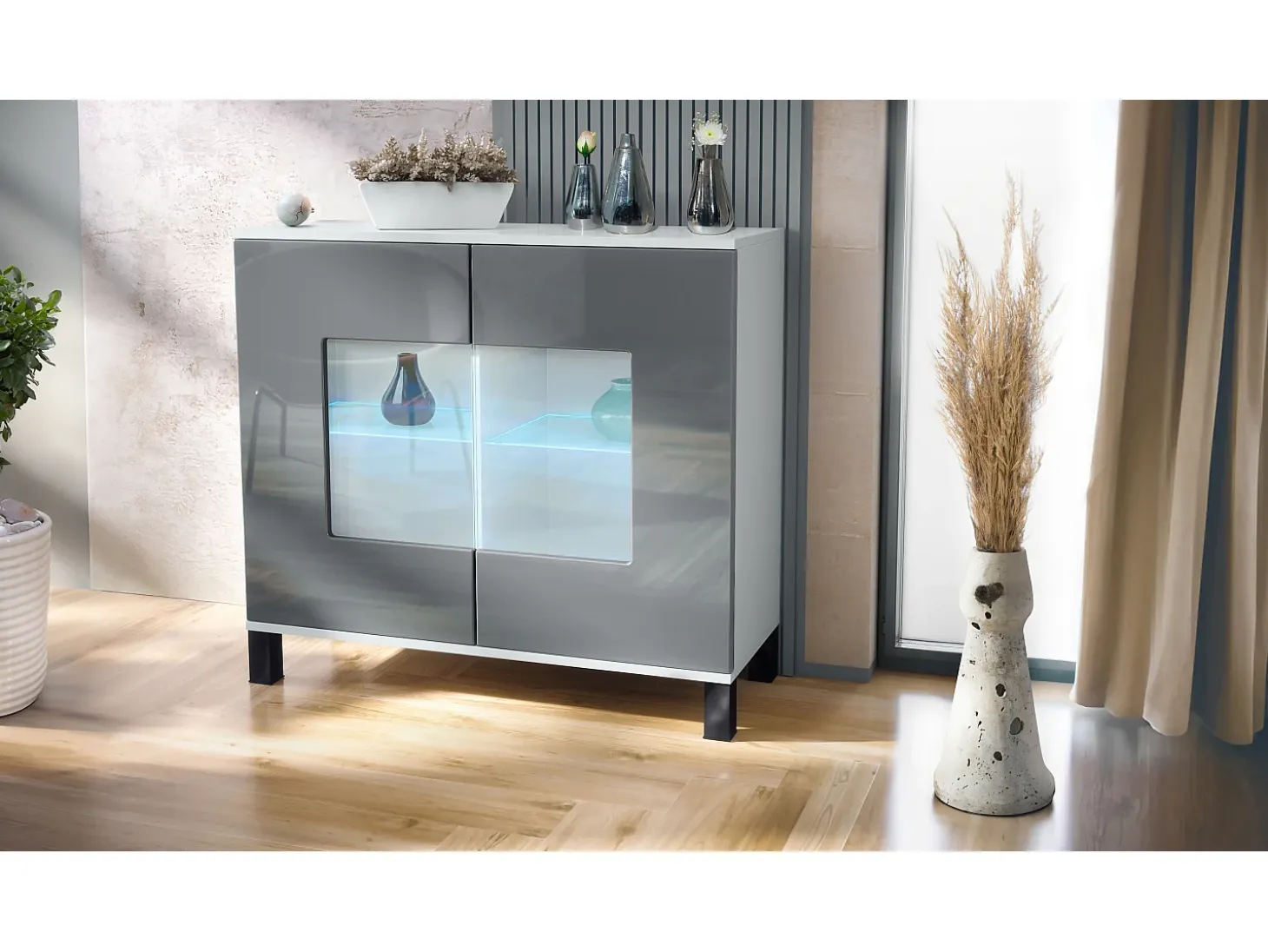 Cómoda Grömitz V3, Moderno armario de cocina con 2 grandes puertas de cristal incl. iluminación RGB blanco mate / gris de alto brillo (92,5 x 84.5 x 35)