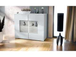Cómoda Grömitz V3, Moderno armario de cocina con 2 grandes puertas de cristal blanco mate / blanco de alto brillo (92,5 x 75.5 x 35)