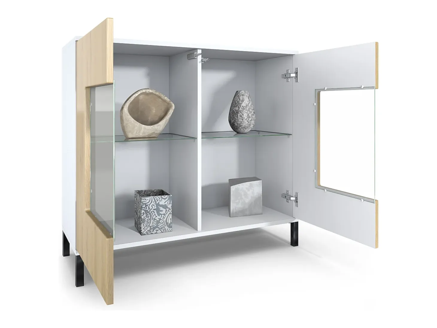 Cómoda Grömitz V3, Moderno armario de cocina con 2 grandes puertas de cristal blanco mate / blanco de alto brillo (92,5 x 83.5 x 35)