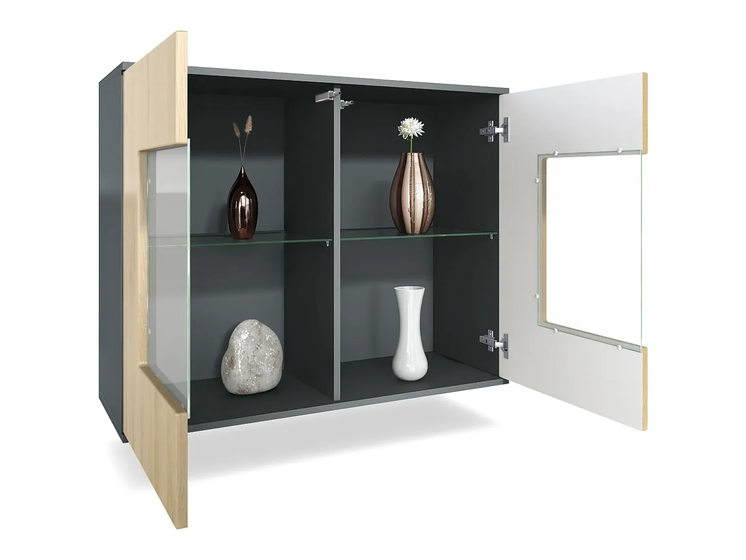 Cómoda Grömitz V3, Moderno armario de cocina con 2 grandes puertas de cristal antracita mate / burdeos de alto brillo (92,5 x 73.5 x 35)