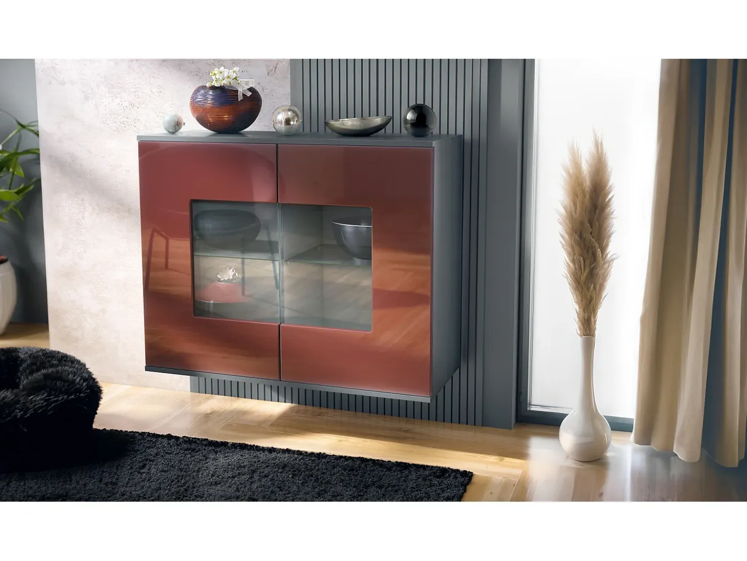 Cómoda Grömitz V3, Moderno armario de cocina con 2 grandes puertas de cristal antracita mate / burdeos de alto brillo (92,5 x 73.5 x 35)