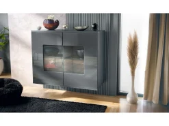 Cómoda Grömitz V3, Moderno armario de cocina con 2 grandes puertas de cristal antracita mate / gris de alto brillo (92,5 x 73.5 x 35)