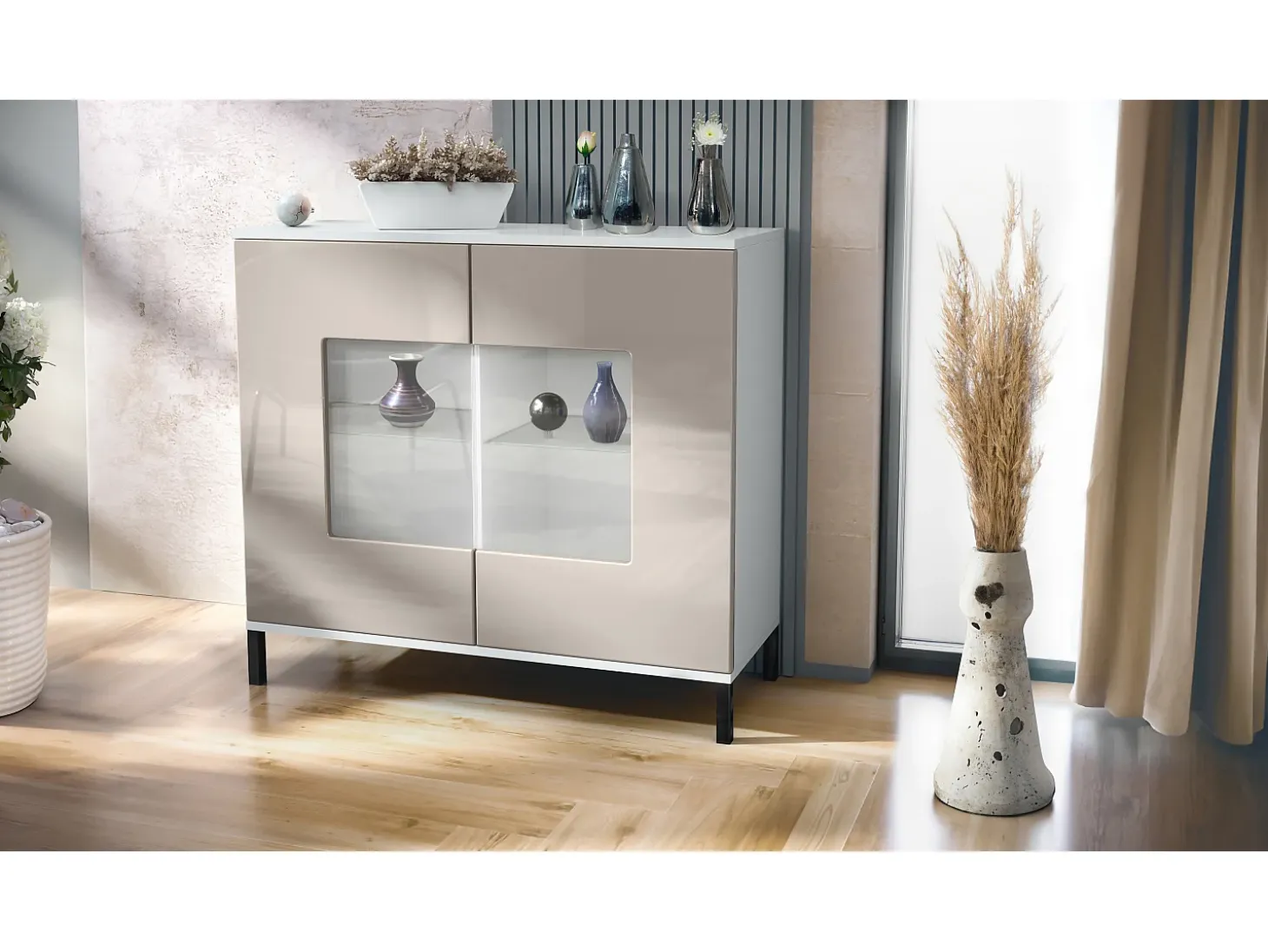 Cómoda Grömitz V3, Moderno armario de cocina con 2 grandes puertas de cristal blanco mate / gris arena de alto brillo (92,5 x 83.5 x 35)