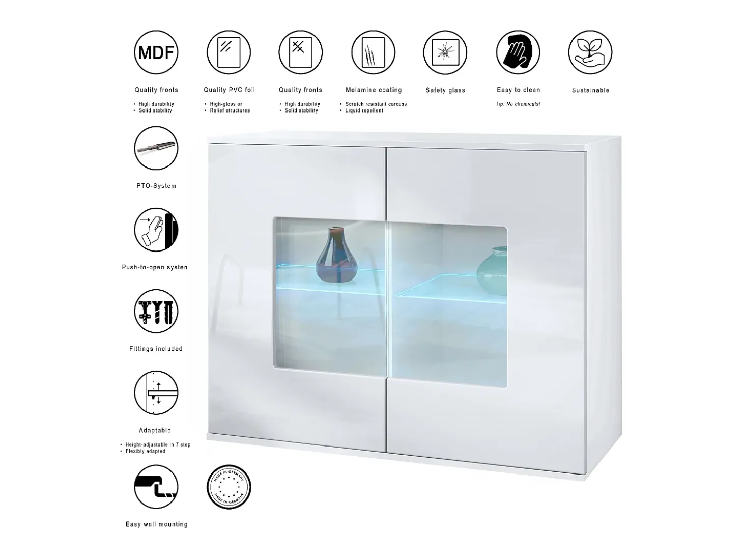 Cómoda Grömitz V3, Moderno armario de cocina con 2 grandes puertas de cristal incl. iluminación RGB blanco mate / burdeos de alto brillo (92,5 x 73.5 x 35)