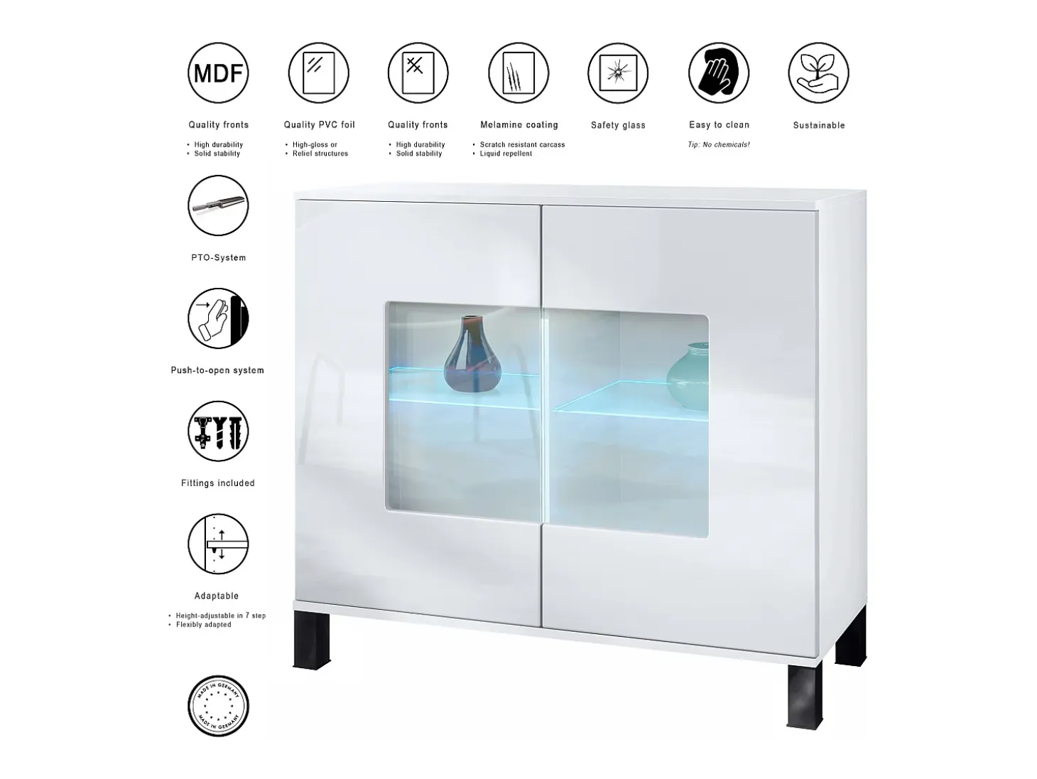 Cómoda Grömitz V3, Moderno armario de cocina con 2 grandes puertas de cristal incl. iluminación RGB blanco mate / blanco de alto brillo (92,5 x 84.5 x 35)