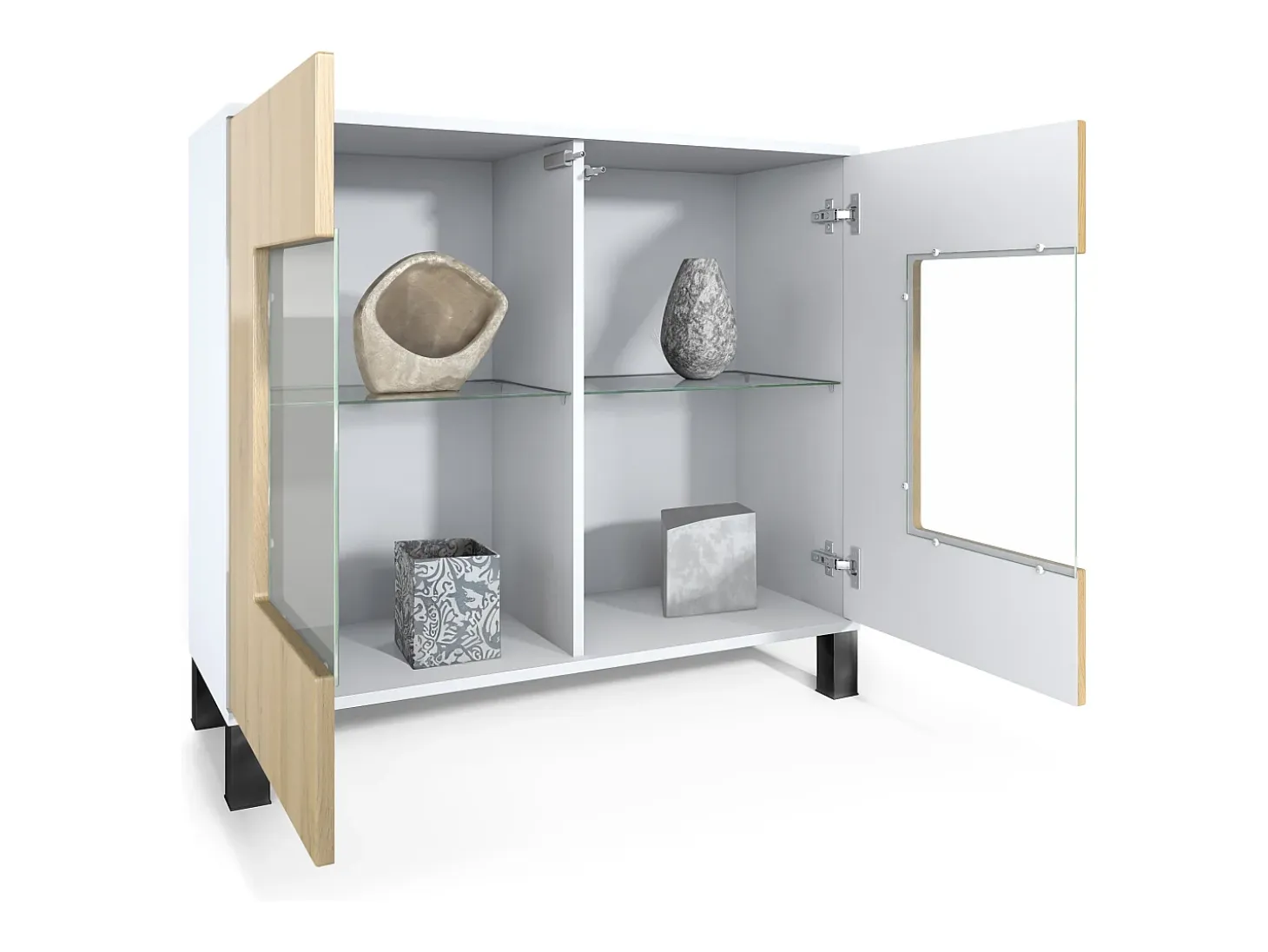 Cómoda Grömitz V3, Moderno armario de cocina con 2 grandes puertas de cristal incl. iluminación RGB blanco mate / blanco de alto brillo (92,5 x 84.5 x 35)