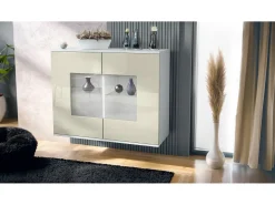 Cómoda Grömitz V3, Moderno armario de cocina con 2 grandes puertas de cristal blanco mate / crema de alto brillo (92,5 x 73.5 x 35)