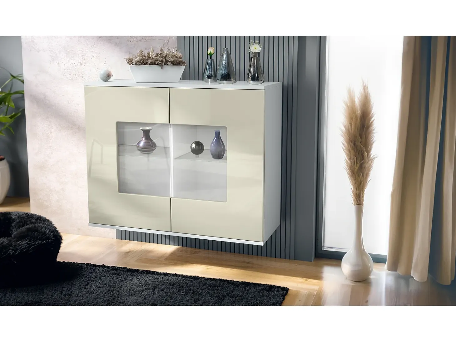 Cómoda Grömitz V3, Moderno armario de cocina con 2 grandes puertas de cristal blanco mate / crema de alto brillo (92,5 x 73.5 x 35)