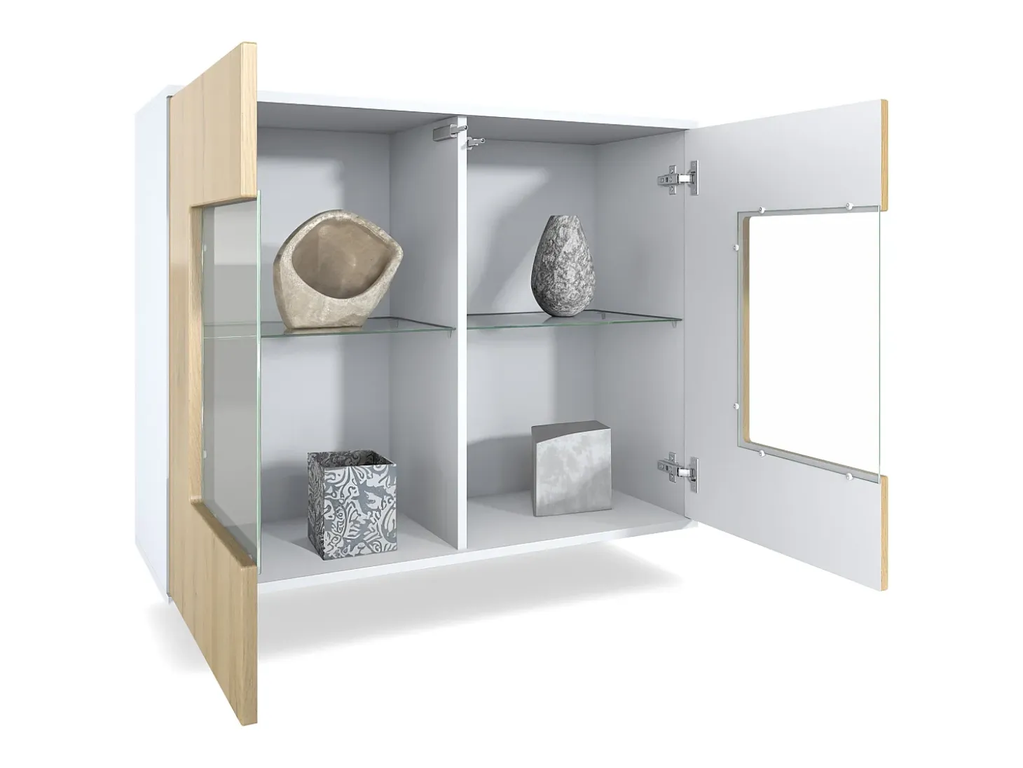 Cómoda Grömitz V3, Moderno armario de cocina con 2 grandes puertas de cristal blanco mate / crema de alto brillo (92,5 x 73.5 x 35)
