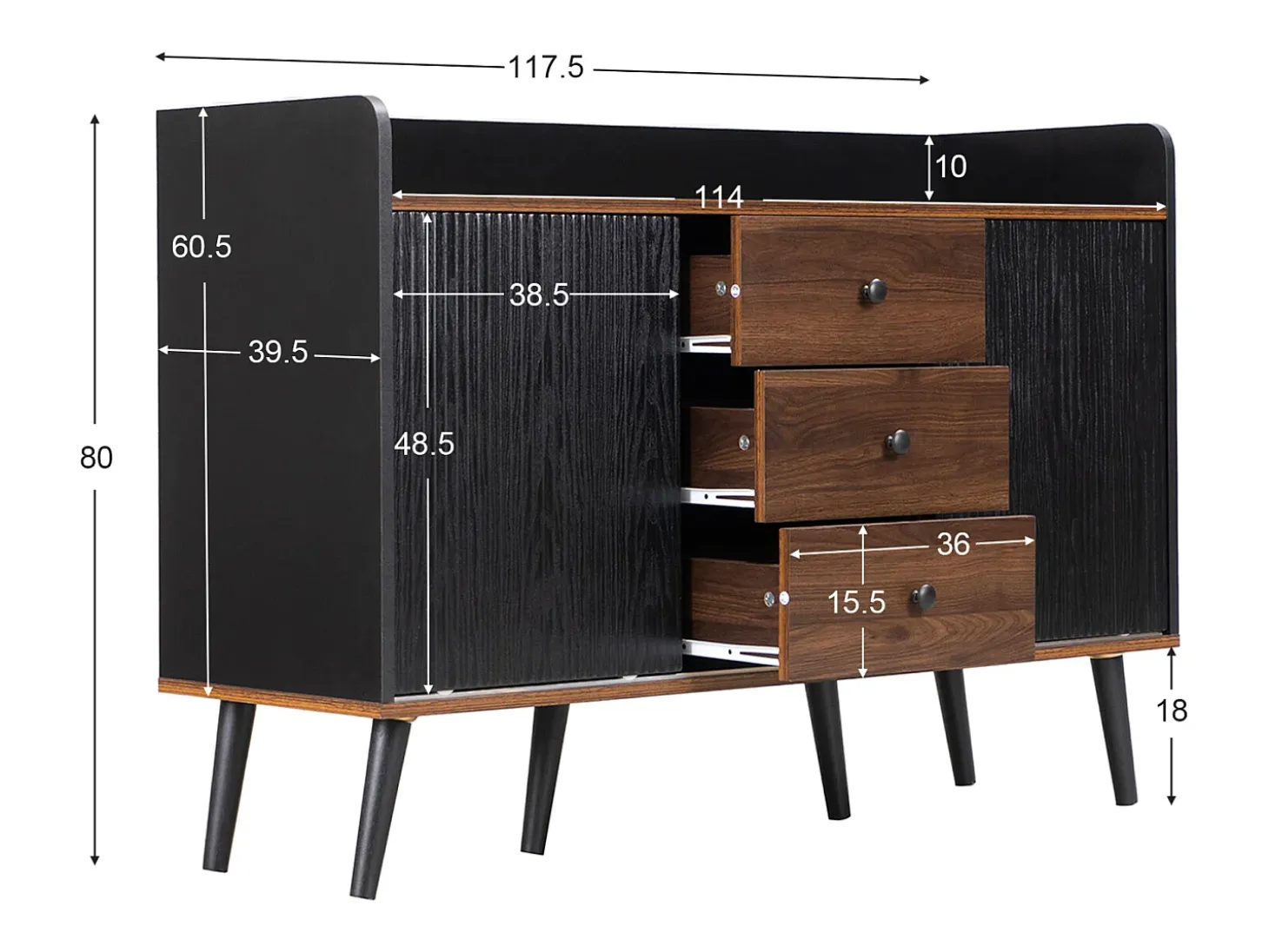 Cómoda moderna de madera con puertas correderas, mueble de 3 cajones, color negro y madera oscura.