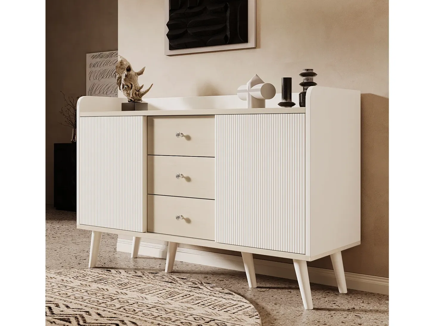 Cómoda moderna de madera con puertas correderas, mueble de 3 cajones, color blanco y madera oscura.