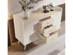 Cómoda moderna de madera con puertas correderas, mueble de 3 cajones, color blanco y madera oscura.