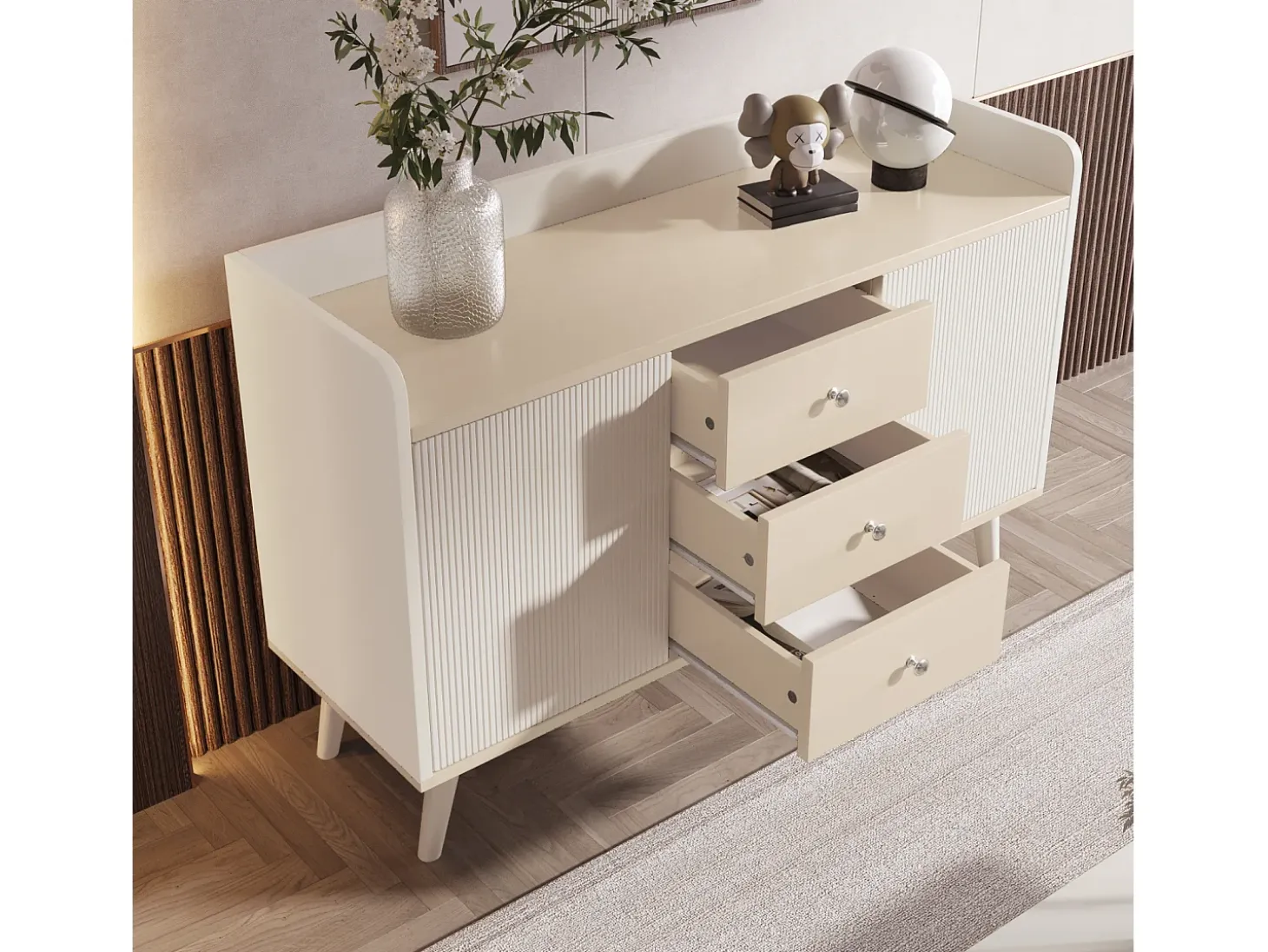 Cómoda moderna de madera con puertas correderas, mueble de 3 cajones, color blanco y madera oscura.