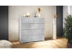 Cómoda Pavos V3, Aparador con 4 cajones blanco mate/hormigón oxidado (76 x 76 x 35 cm)