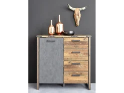 Cómoda vintage de madera vieja y gris con remaches