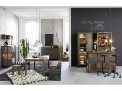 Cómoda vintage de madera vieja y gris con remaches