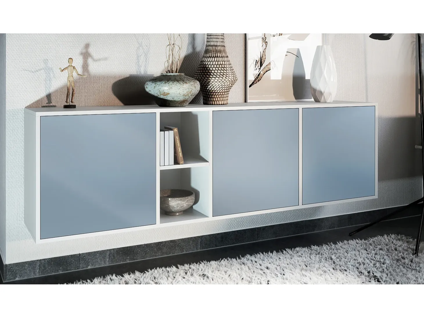Cómoda Vladon Cuba - blanco mate/mezclilla mate - Aparador moderno para su salón - (AnxAlxPr) 182x53x35 cm