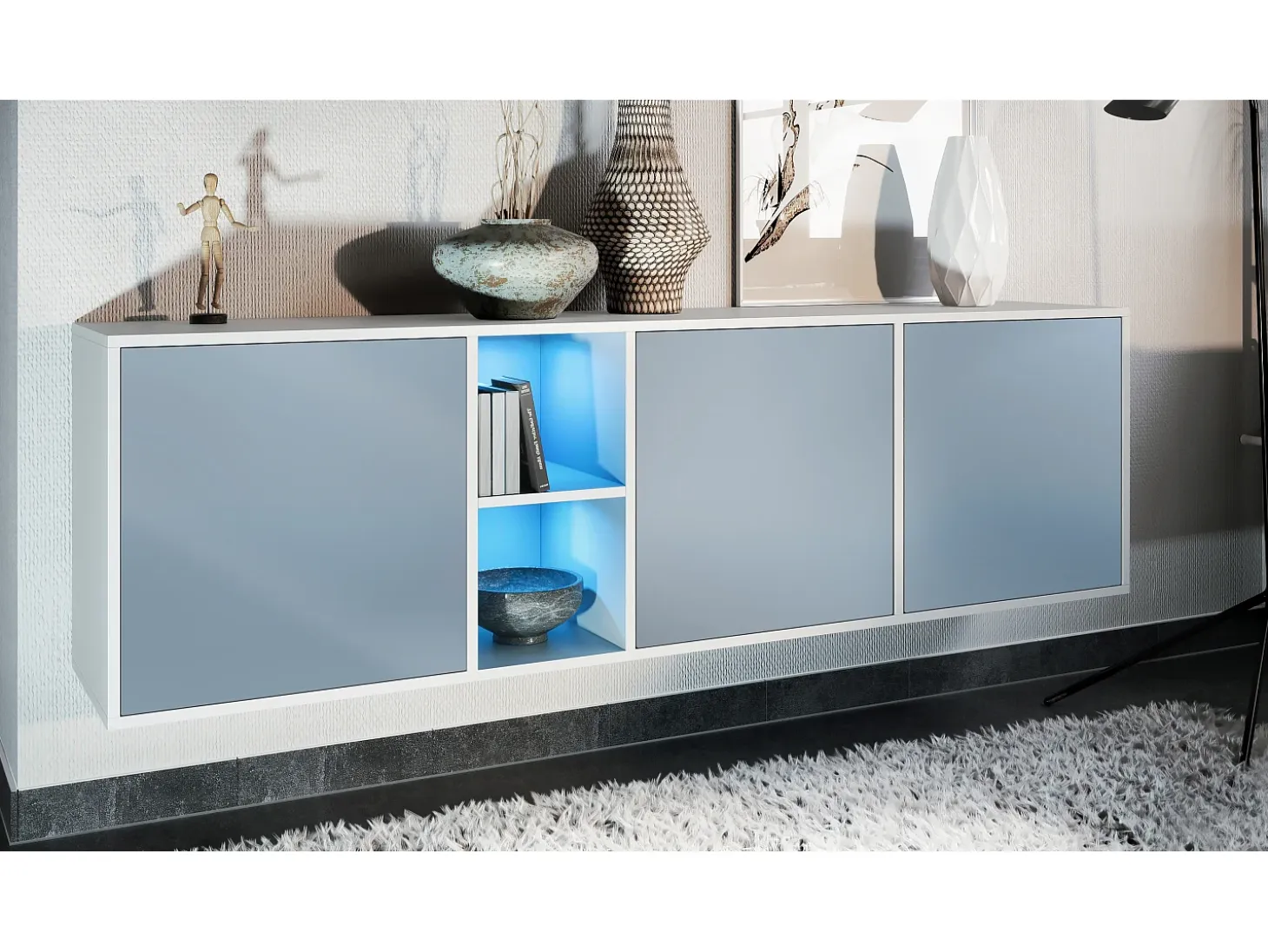 Cómoda Vladon Cuba - blanco mate/mezclilla mate con LED - Aparador moderno para su salón - (AnxAlxPr) 182x53x35 cm