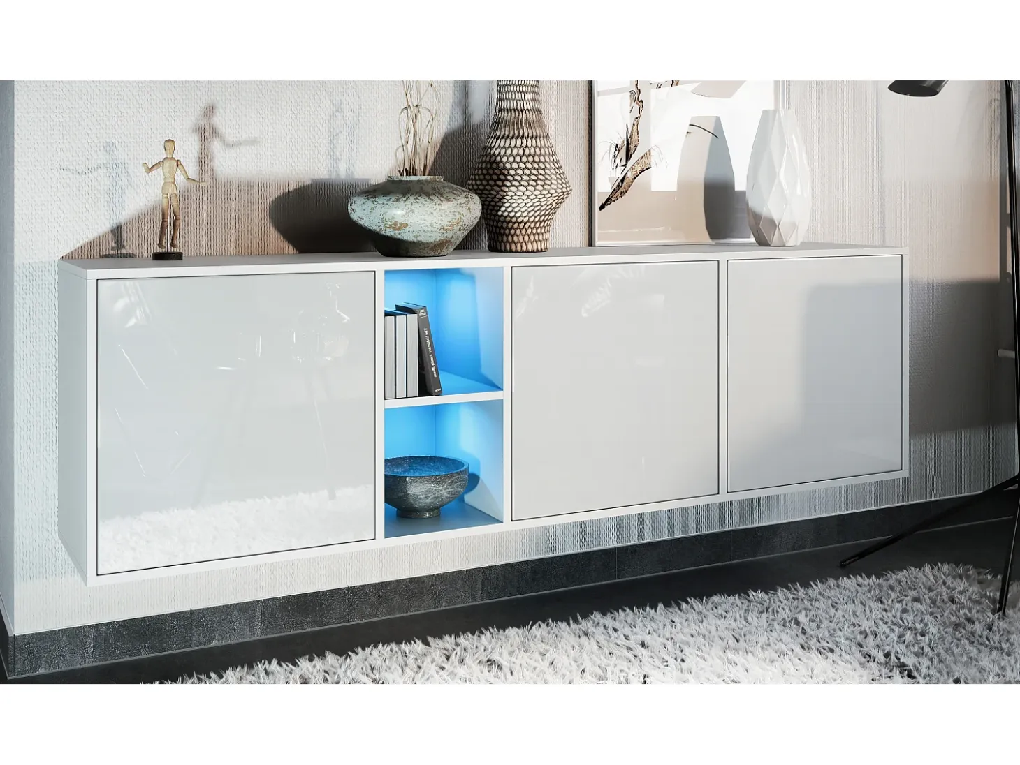 Cómoda Vladon Cuba - blanco mate/blanco de alto brillo con LED - Aparador moderno para su salón - (AnxAlxPr) 182x53x35 cm