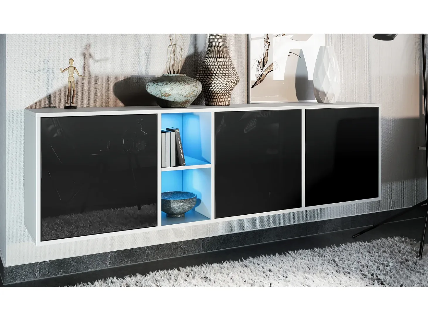 Cómoda Vladon Cuba - blanco mate/negro de alto brillo con LED - Aparador moderno para su salón - (AnxAlxPr) 182x53x35 cm